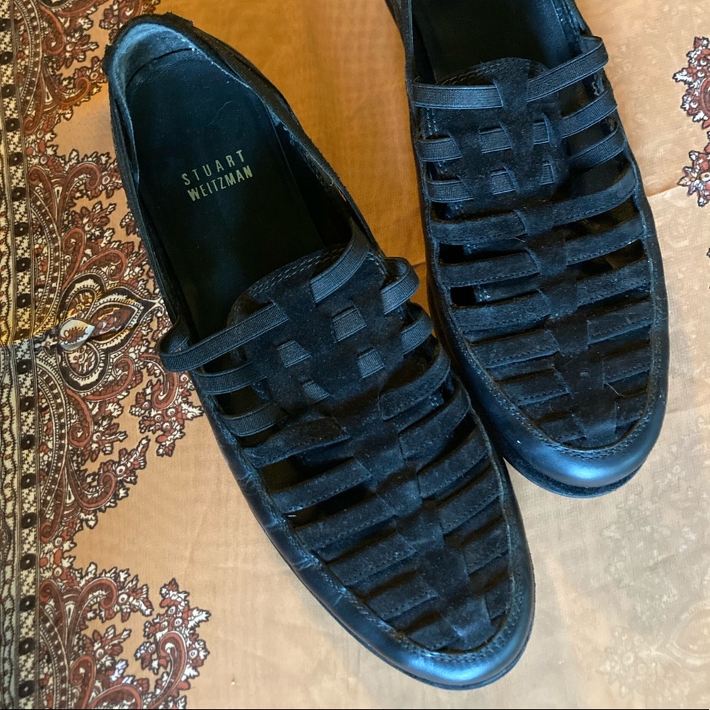 Stuart Weitzman Woven Flat Black Loafers, Slip-on Suede Mules, US 6.5/EU 37